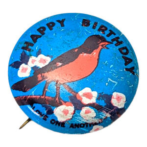 Happy Birthday Robin On Cherry Blossom Tree Vintage Pin Pinback 1" Button